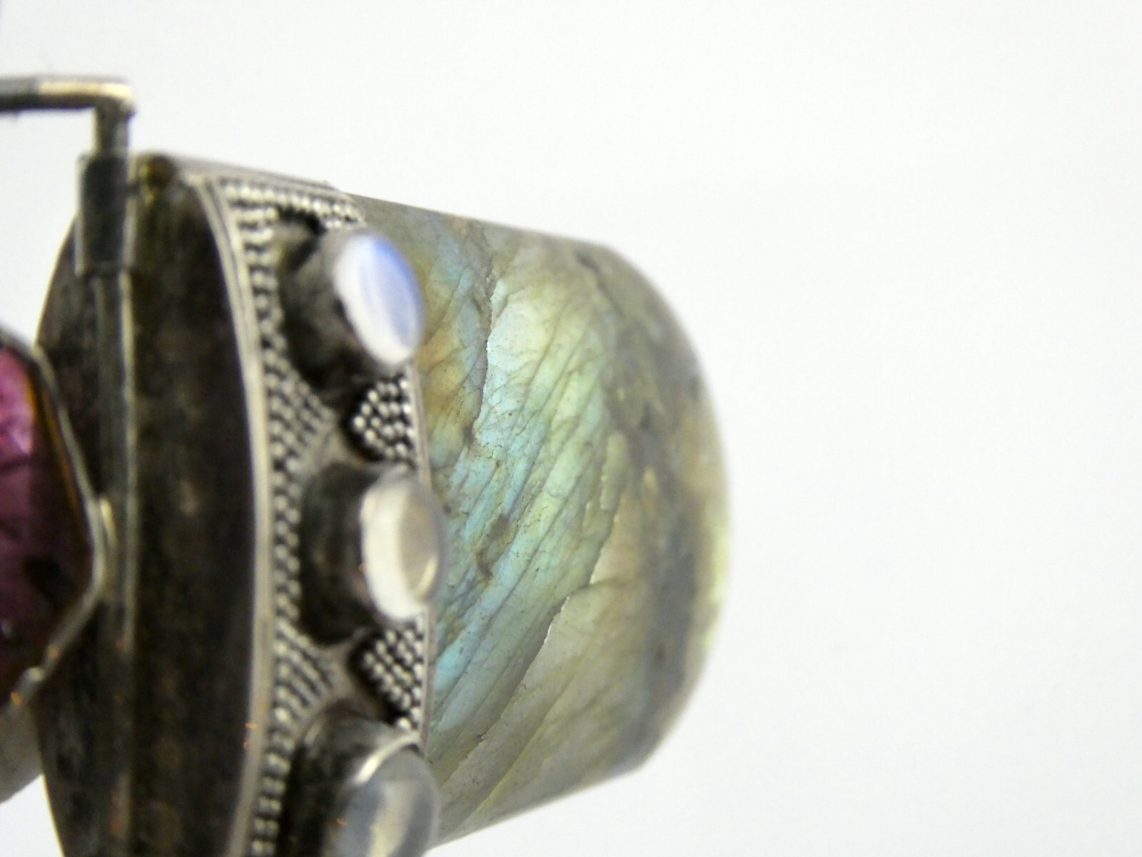 Sterling Silver Pink Tourmaline Slice Labradorite Moonstone Pendant 925 24.2g