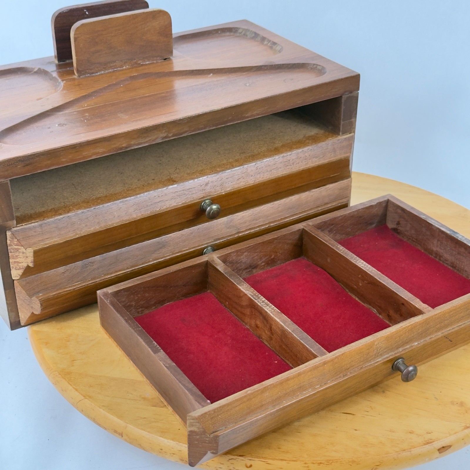 Mid Century Walnut Wood Desk Organizer Jewelry Desk Valet Box w Drawers Catchall
