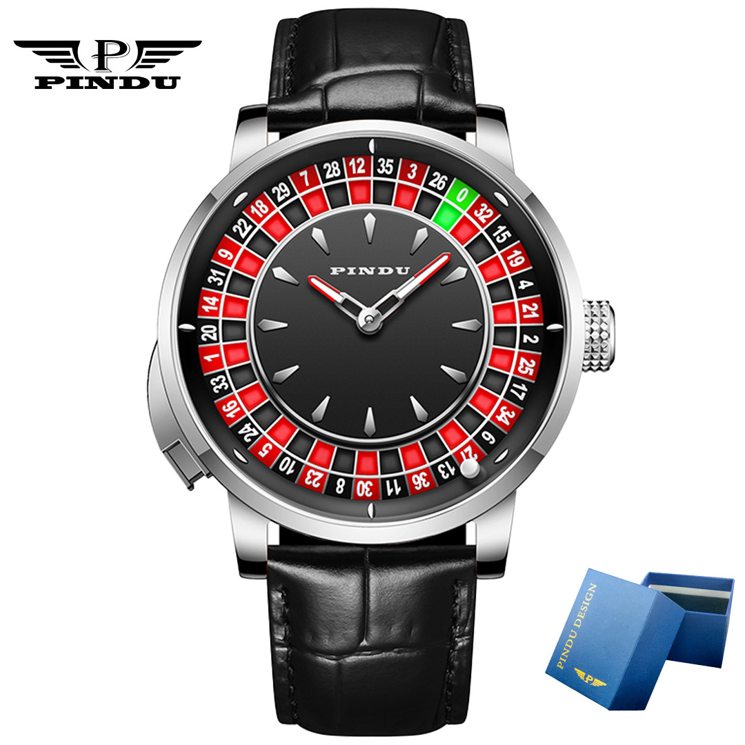 2025 PINDU Men’s mechanical watch silver shell black belt gambling button luxury