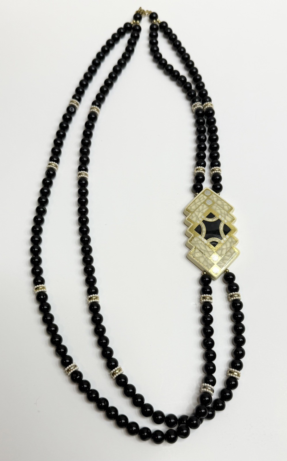 Vintage Japan Black Bead Double Strand Necklace Chunky Geometric Art Deco Style