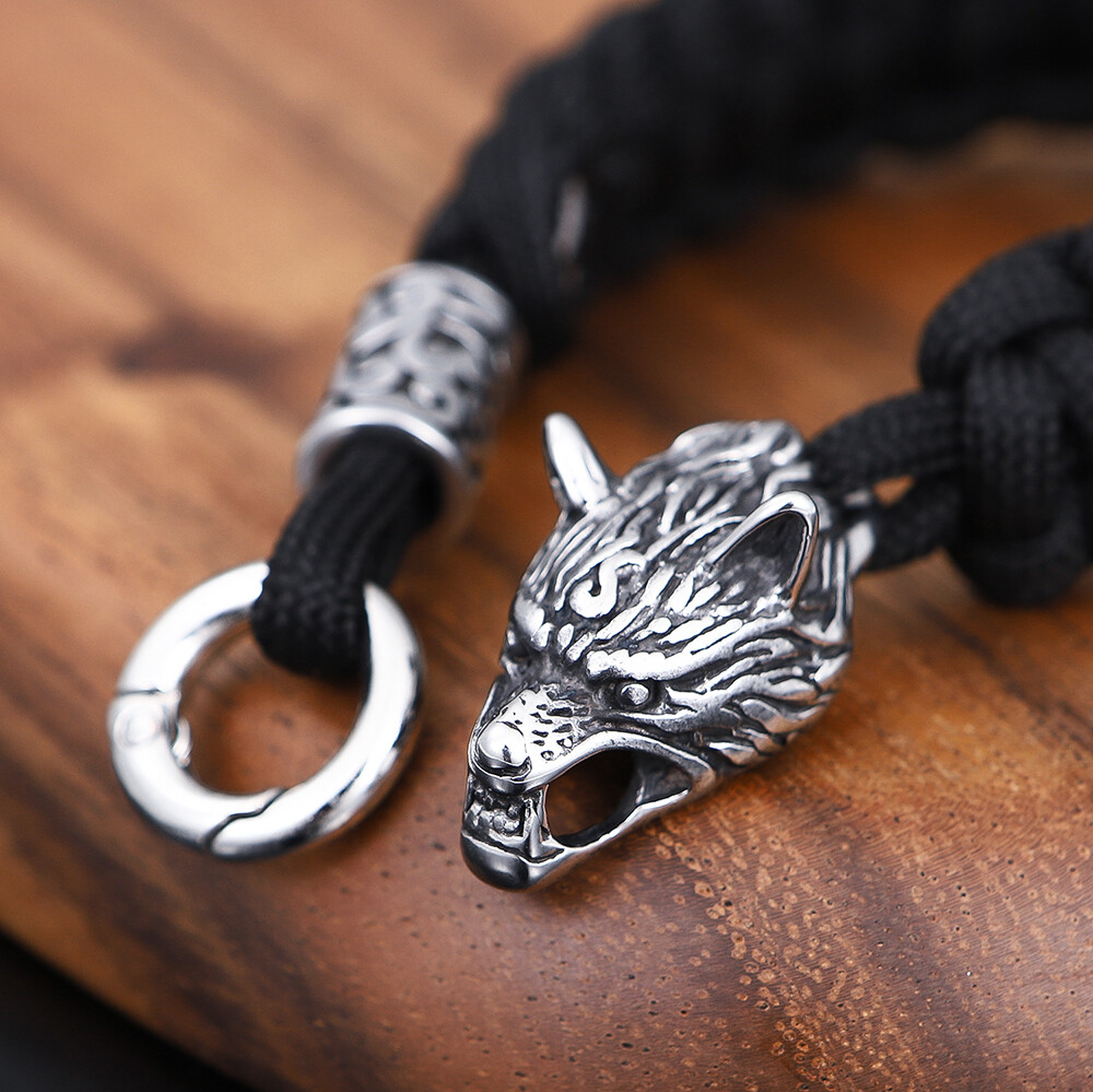 Men’s Stainless Ssteel Norse Viking Wolf Bracelets Black Parachute Rope Bracelet