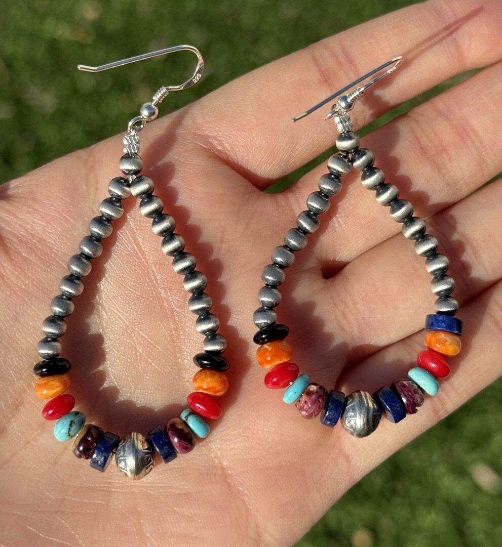 Southwestern Sterling Silver Multi Stone 4mm Pearls Bead Loop Dangle Earrings 3”