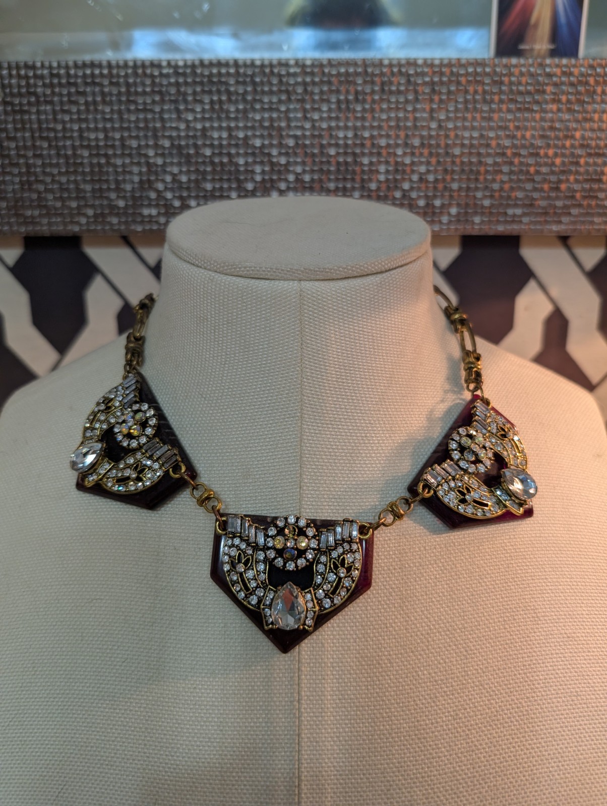 Stunning Necklace With 3 Dark Amber Pendants W/Large Sparkling Rhinestones