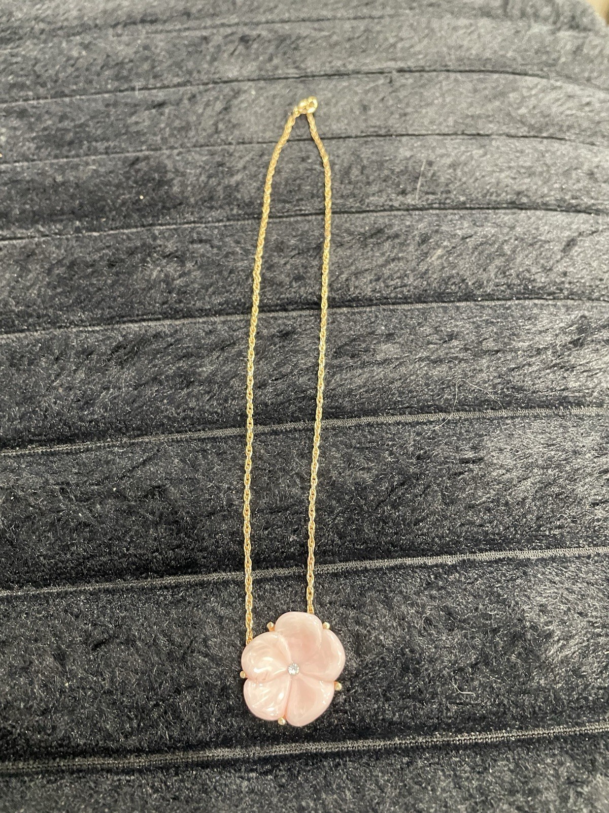 Vintage Avon Pink Carved Flower Pendant Necklace Gold Tone Rhinestone Center