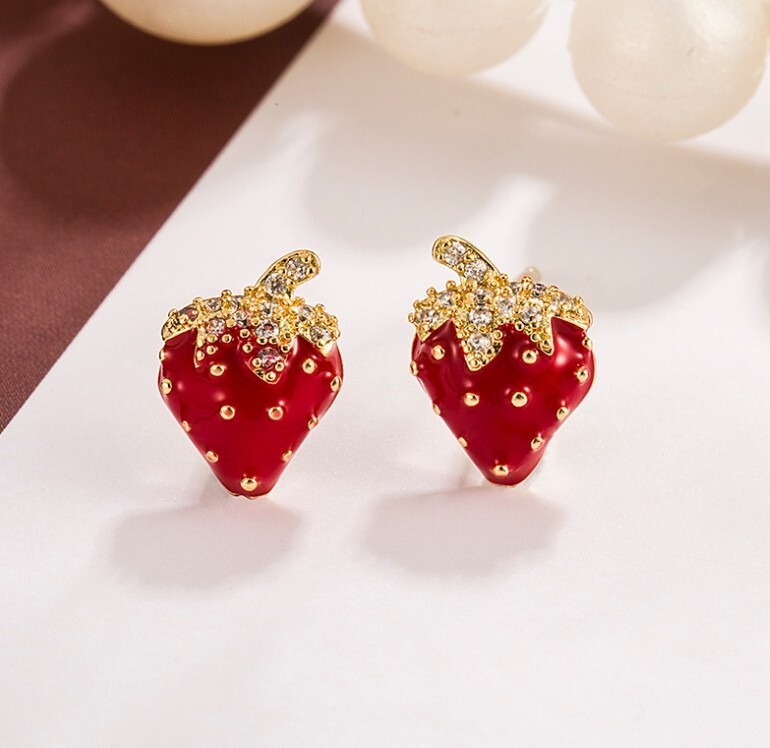 Gorgeous Gold Red Strawberry Pave CZ Stud Earrings