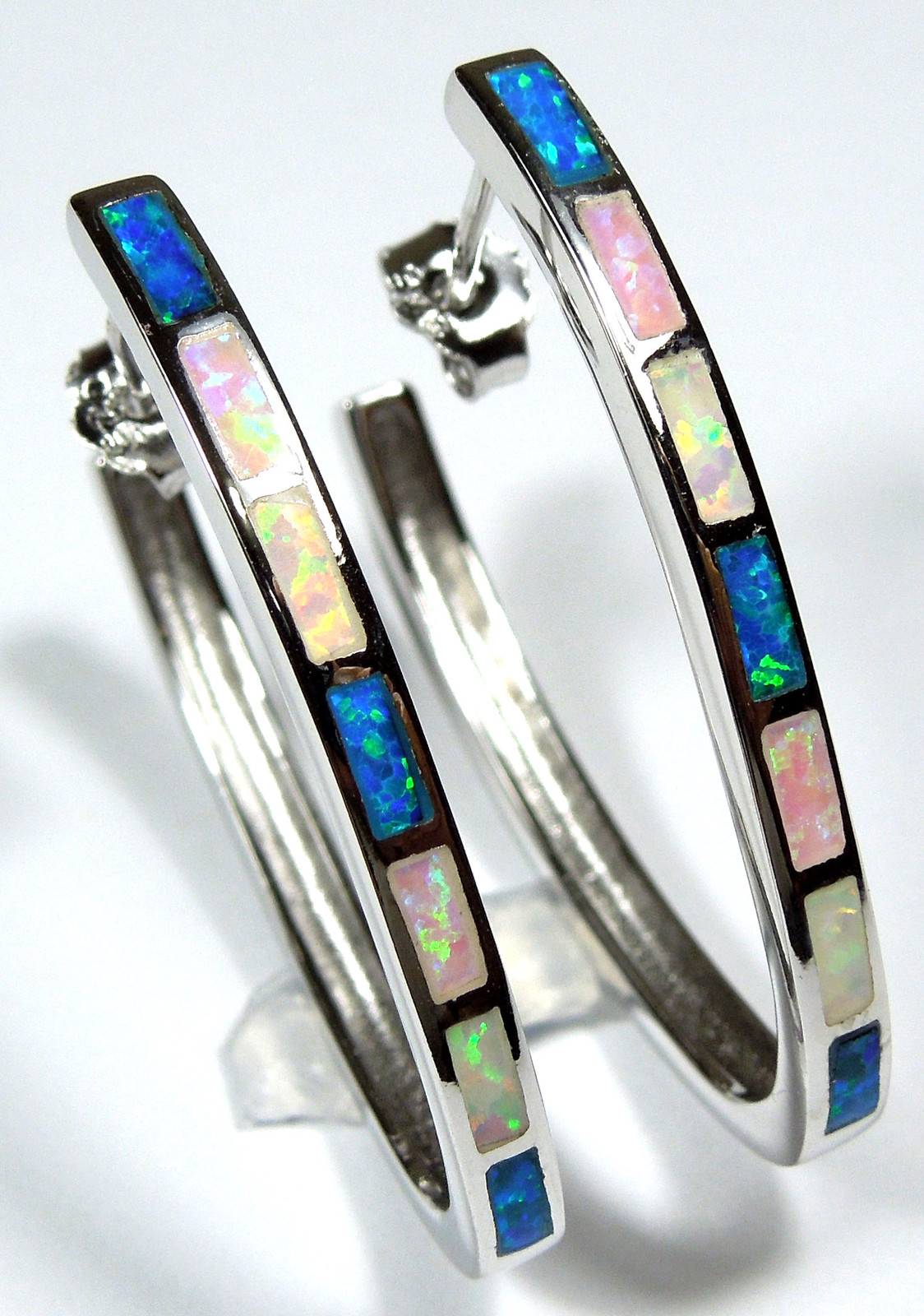 Hoop Earrings Multicolor Pink Blue White Fire Opal Inlay on 925 Sterling Silver