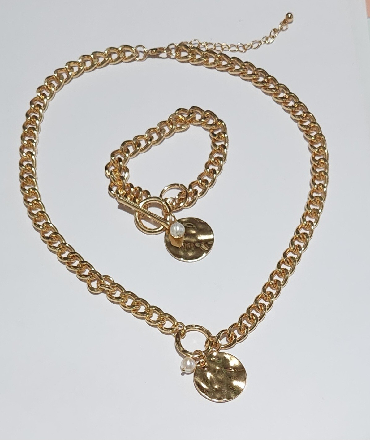 Pearl & Gold Pendant Toggle Clasp Necklace & Bracelet- Gold tone – 7.5 & 20 in