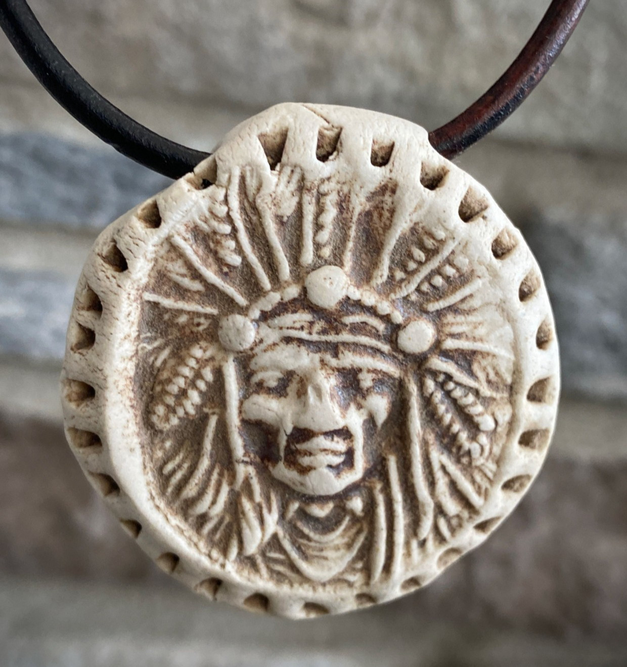 ARTISAN Ceramic Pottery Native American Indian Chief Pendant NECKLACE Warrior 2″