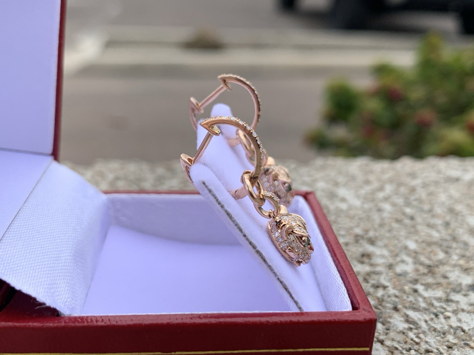 Effy 14K Rose Gold Panther Diamond Tsavorite Drop Dangle Earrings