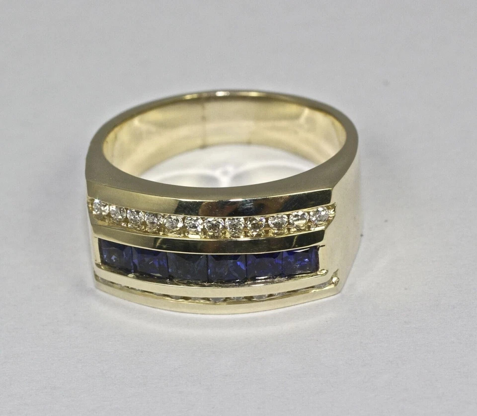 Men’s Wedding Eternity Ring Lab Grown Blue Sapphire & Diamond 14k Yellow Gold