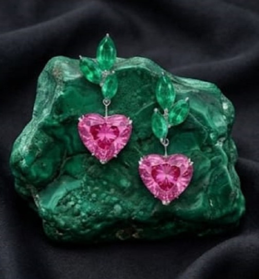 6ct Heart Simulated Pink Ruby/Emerald Drop Stud Earrings 14k White Gold Finish