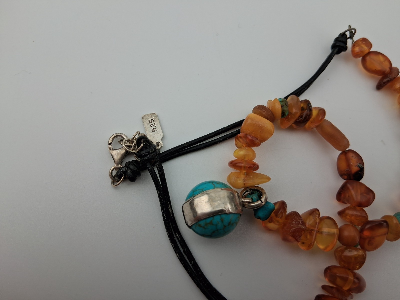 Signed Peyote Bird Sterling Silver Amber Turquoise Bead Necklace 17.5″-19″