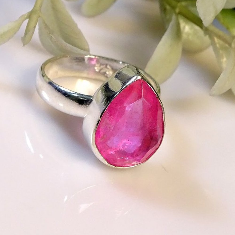 Pink Amethyst Doublet Quartz 925 Sterling Silver Pear Gemstone Ring 8.5″ PG 2977