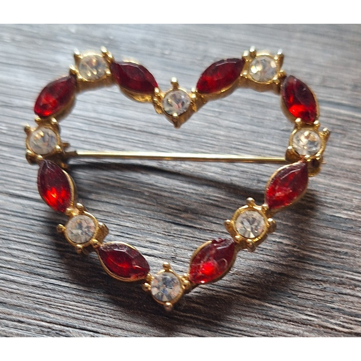 Heart Valentines Red White Rhinestone Pin Broach