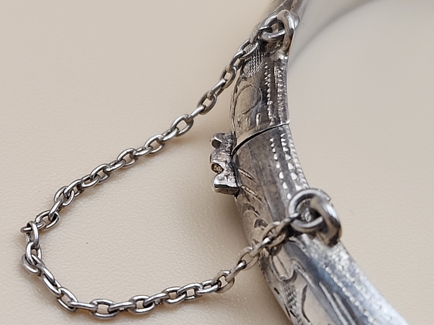 Sterling Silver Vintage Hand Engraved/Hinged Cuff Bracelet With Safety Chain