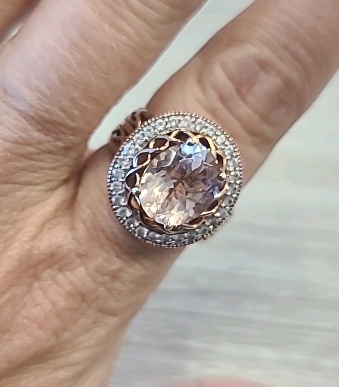 Fuzion Creations Peach Morganite & Diamond Halo Statement Ring Size 7