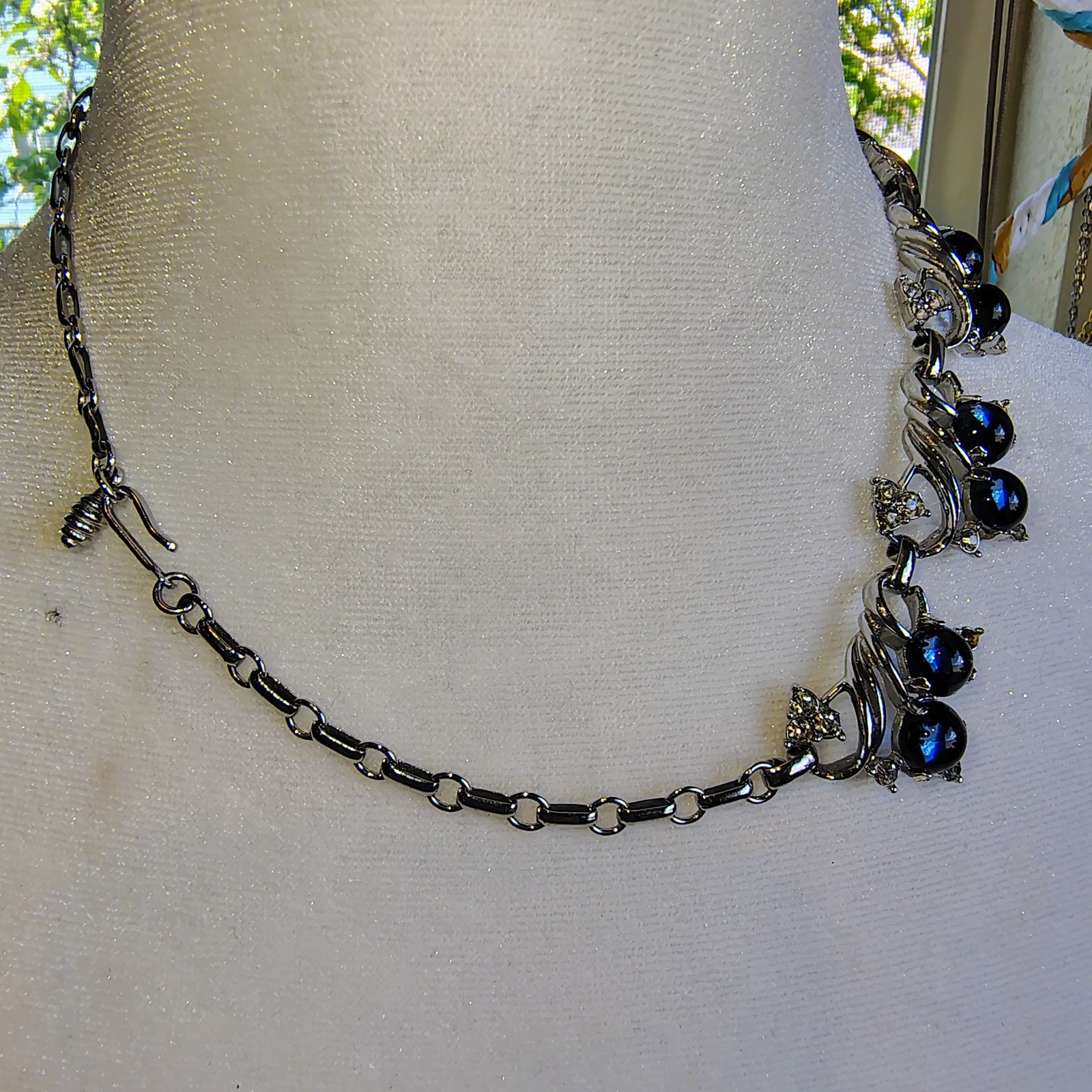 Vintage Blueberry Tutti Fruitti Cabochon & Clear Rhinetone Necklace Silver Toned