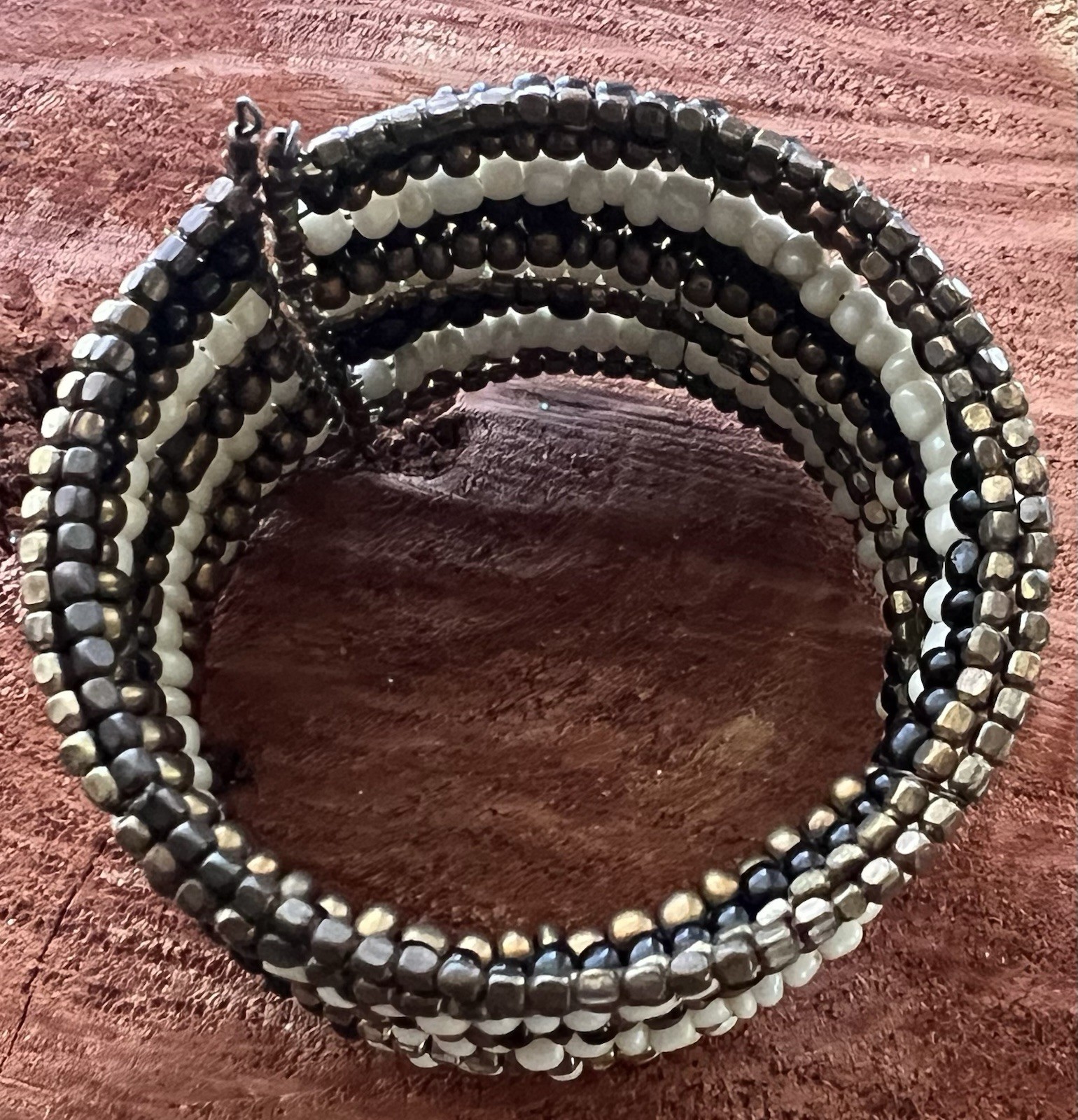 Boho Multi Strand Beaded Memory Wire Cuff Bracelet Black Cream Bronze