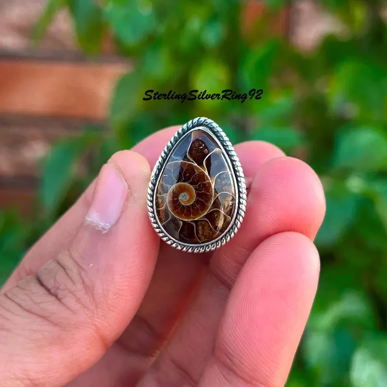 Ammonite Fossil 925 Sterling Silver Band & Statement Handmade Ring All Size