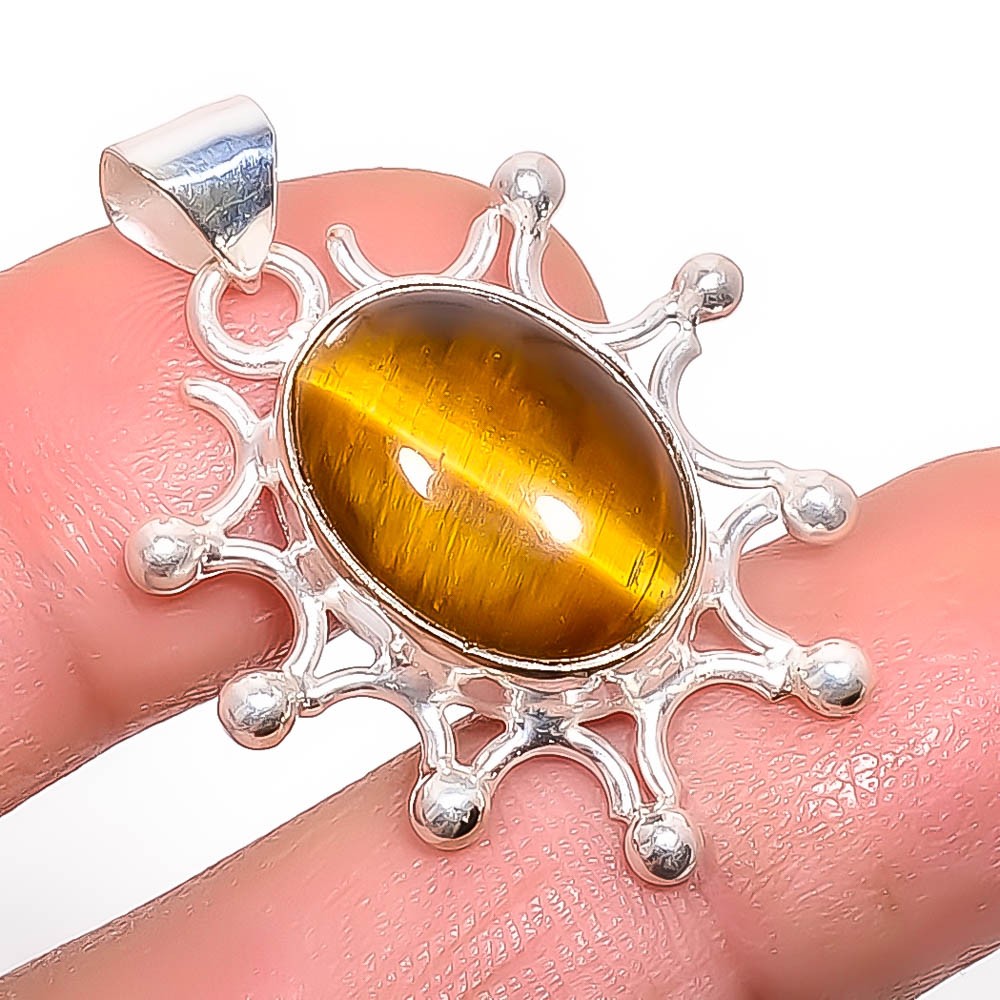 Natural Yellow Tiger Eye – South Africa 925 Silver Plated Pendant 1.37″ P0-32