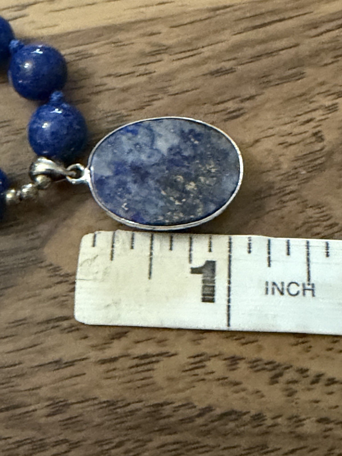 10mm Round Lapis Lazuli Beads & Oval Pendant Necklace 18”
