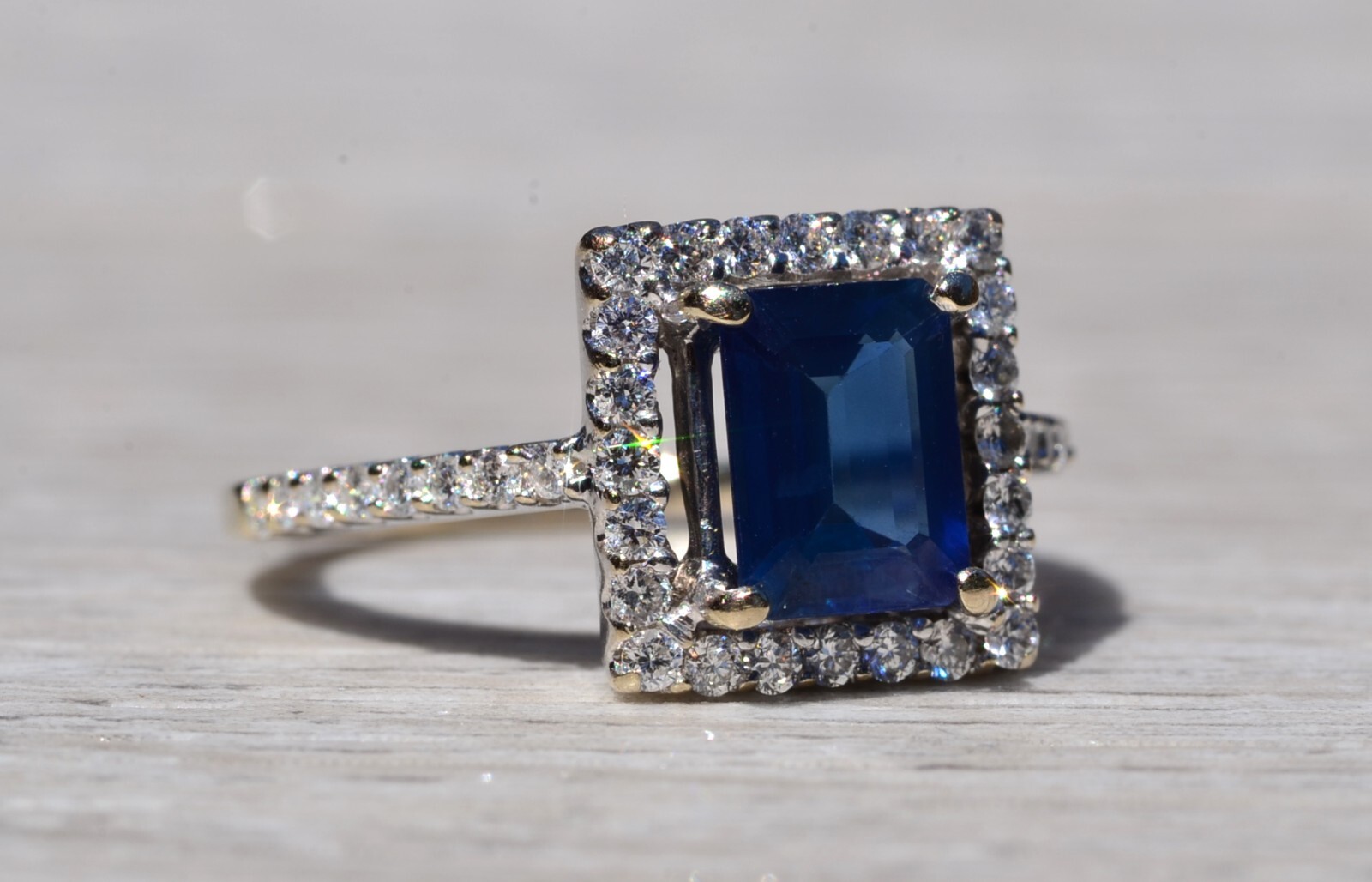 Diffused Emerald Cut Blue Sapphire Engagement Ring and Wedding Set with Custom B
