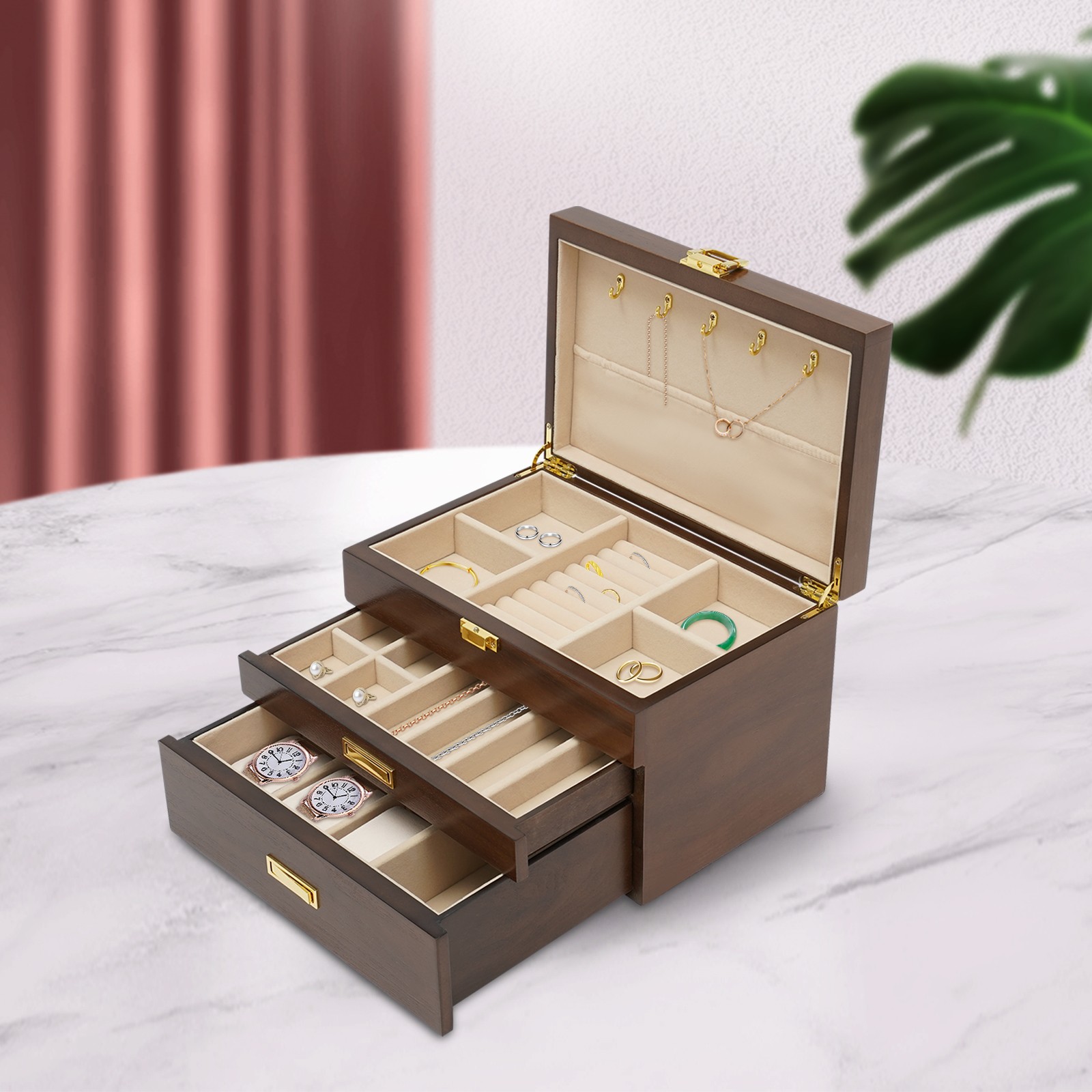 Elegant 3-Layer Wooden Jewelry Box with Pull-Out Drawers and Necklace Hooks