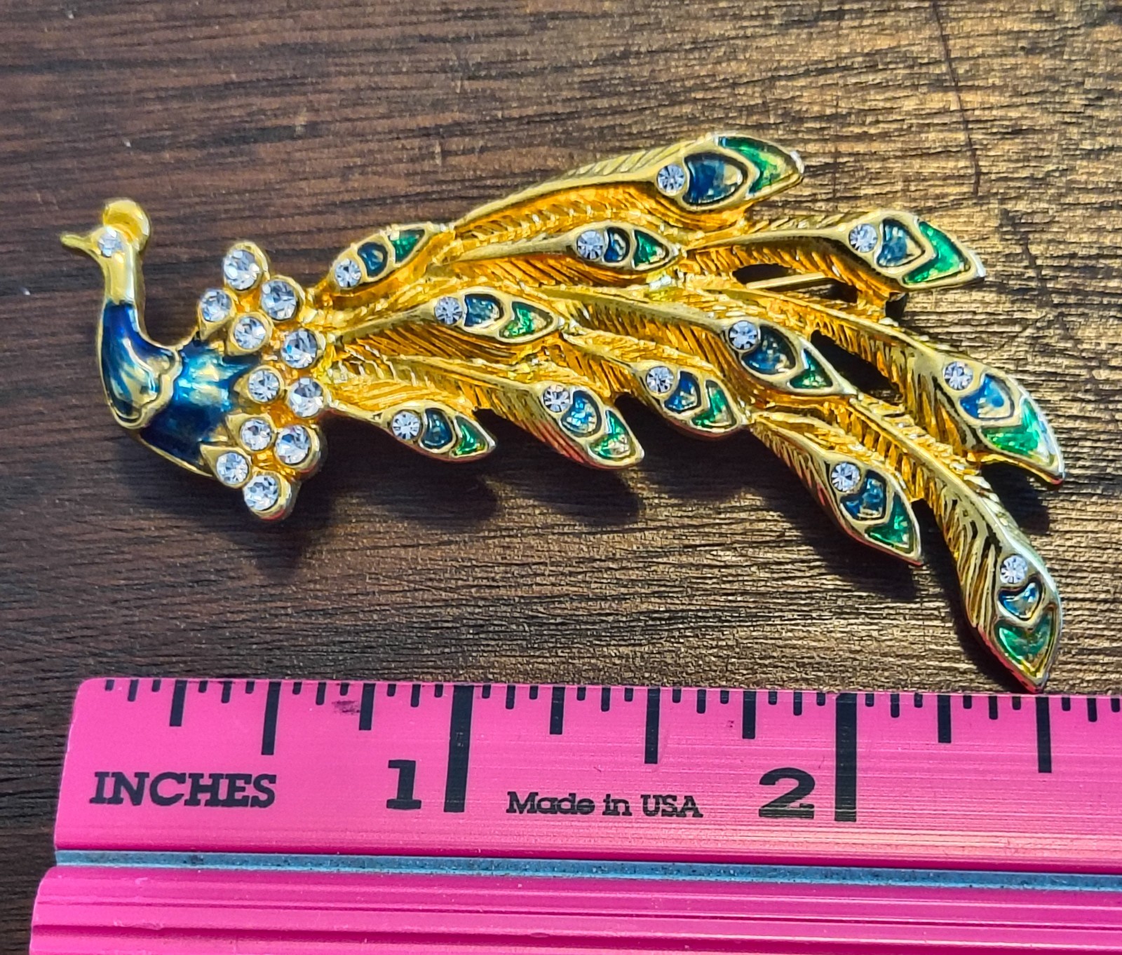 VTG Enamel Rhinestone Peacock Brooch Blue Green Gold Tone 2.5″ costume fashion