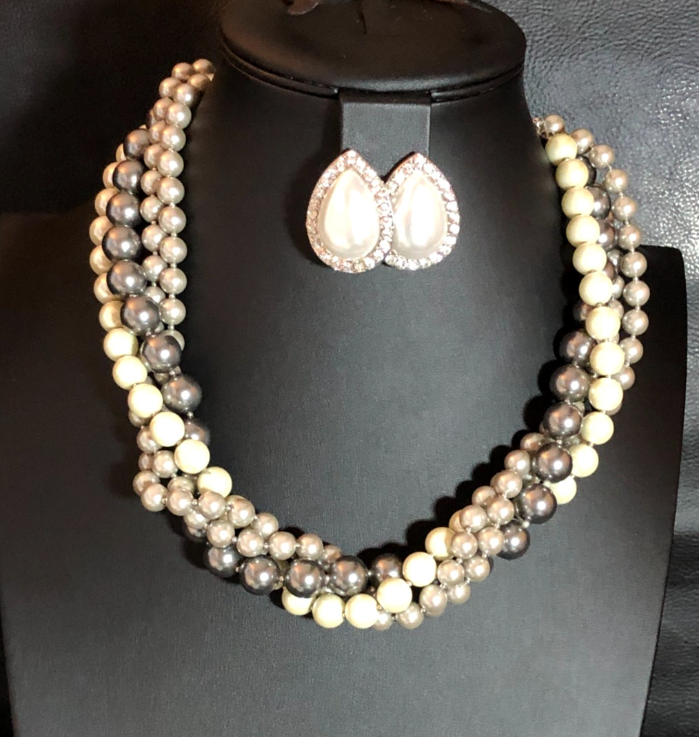 Faux Tahitian Pearl Glass Bead Multistrand Necklace Black Cream Gray Silver 8624