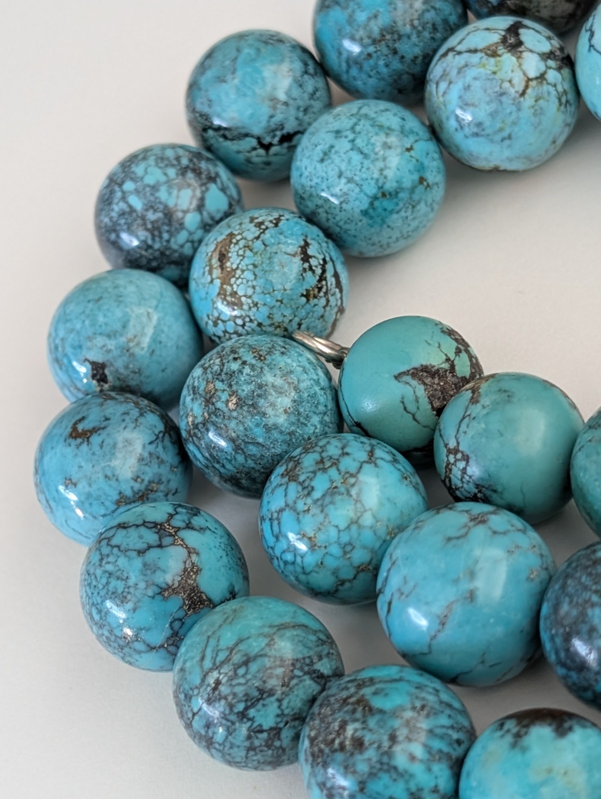 18″ Sterling Silver 13.5mm Natural Hubei Chinese Turquoise Bead Necklace 114g