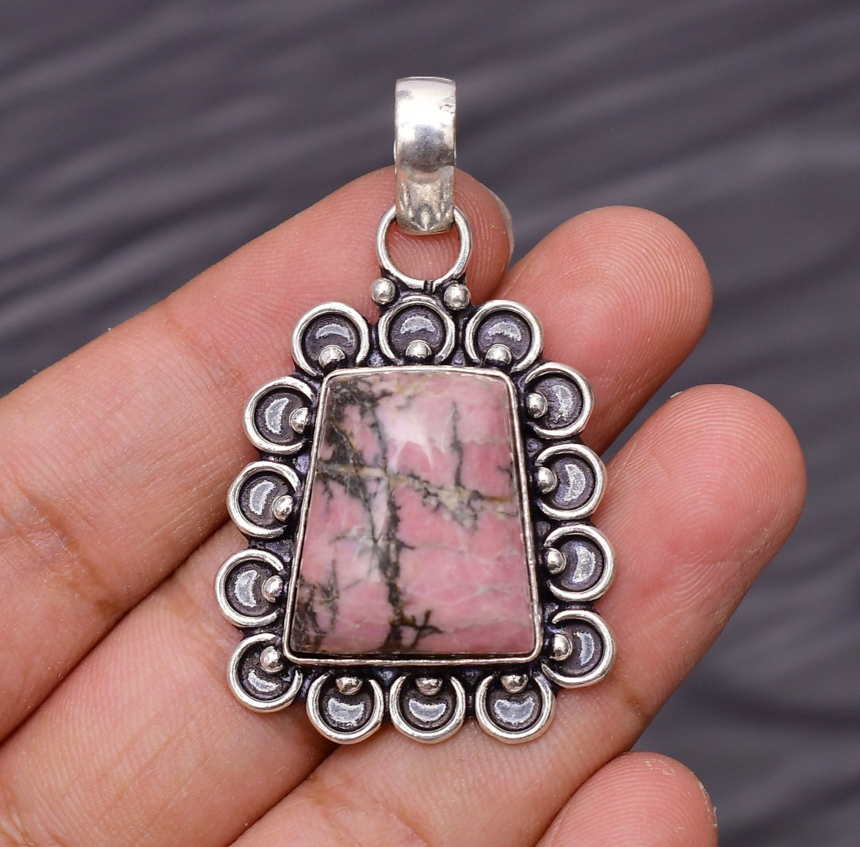 Rhodonite Gemstone 925 Sterling Silver Jewelry Pendant 1.81″