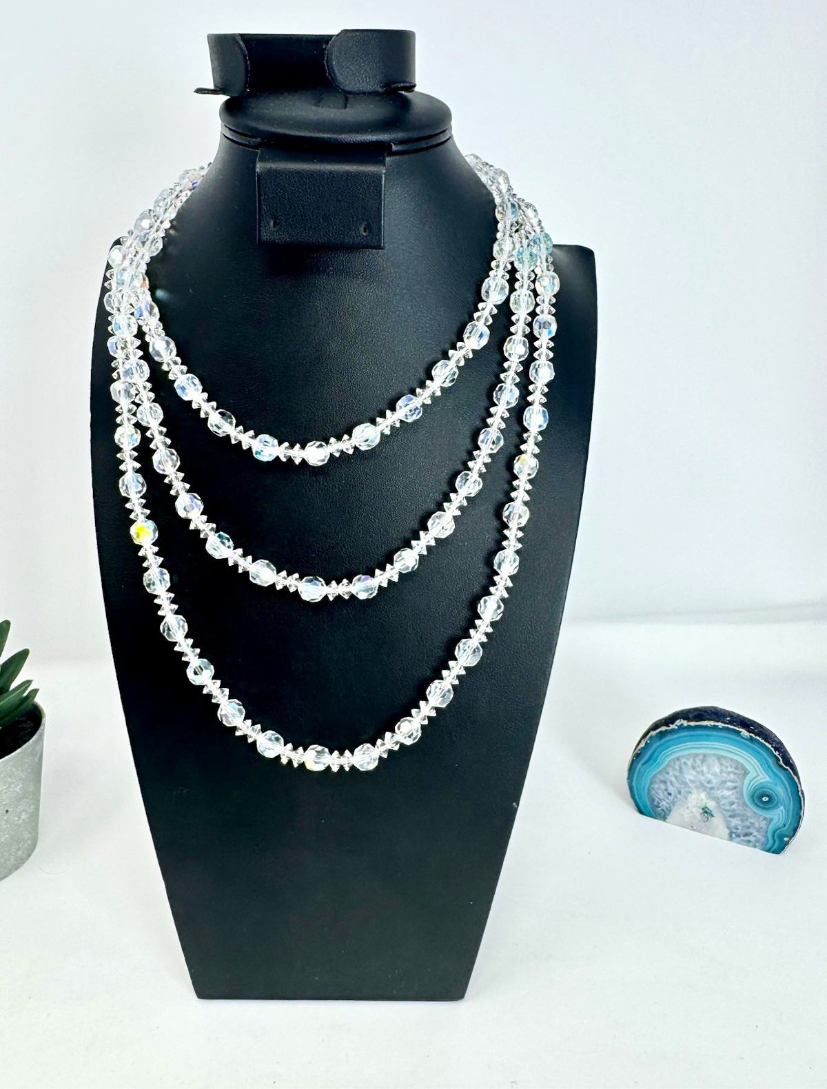 Vintage Long Aurora Borealis (AB) Glass Beaded Necklace 28” Long