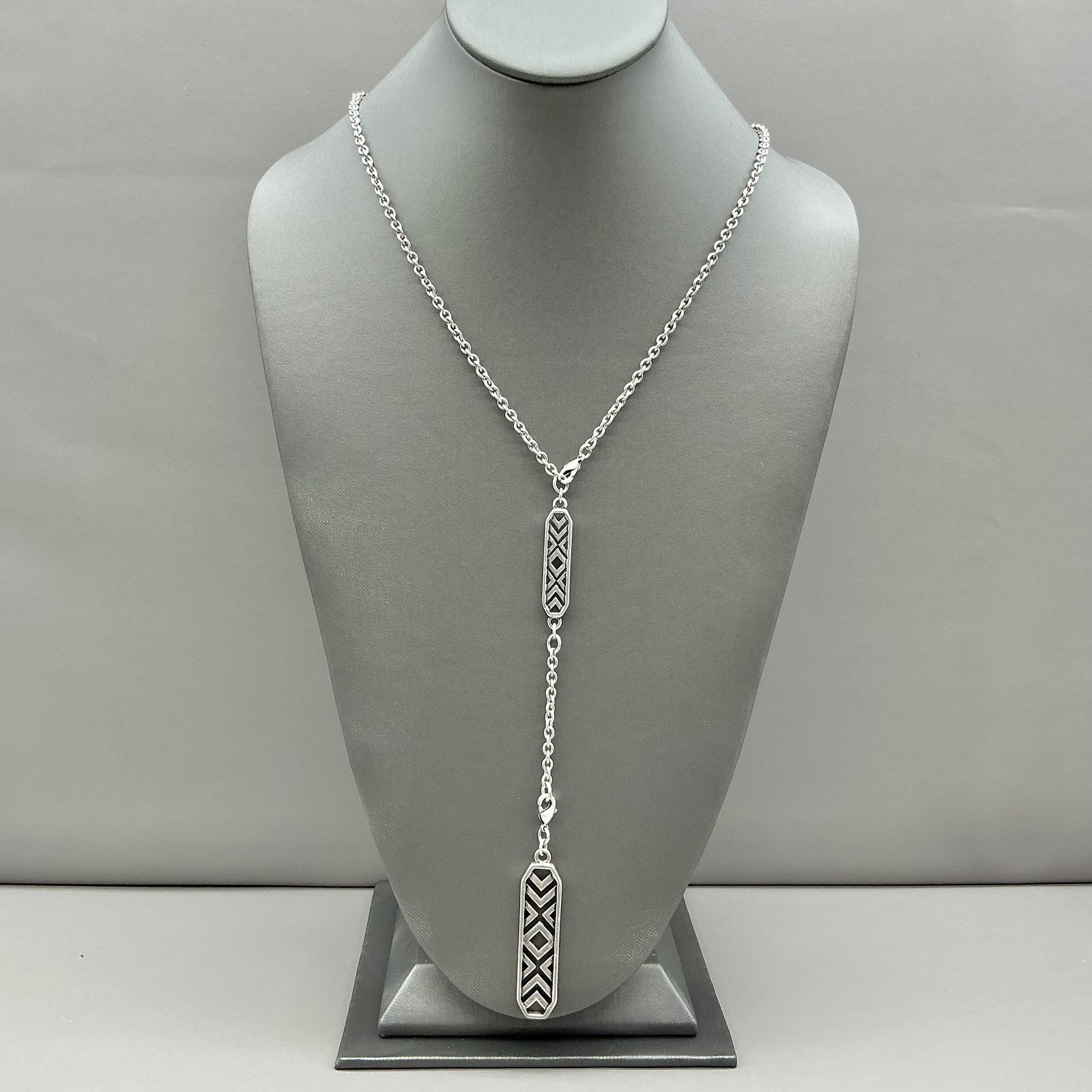 Necklace Silver Tone Rectangle Pendant Lariat Y-Drop Womens Statement Jewelry