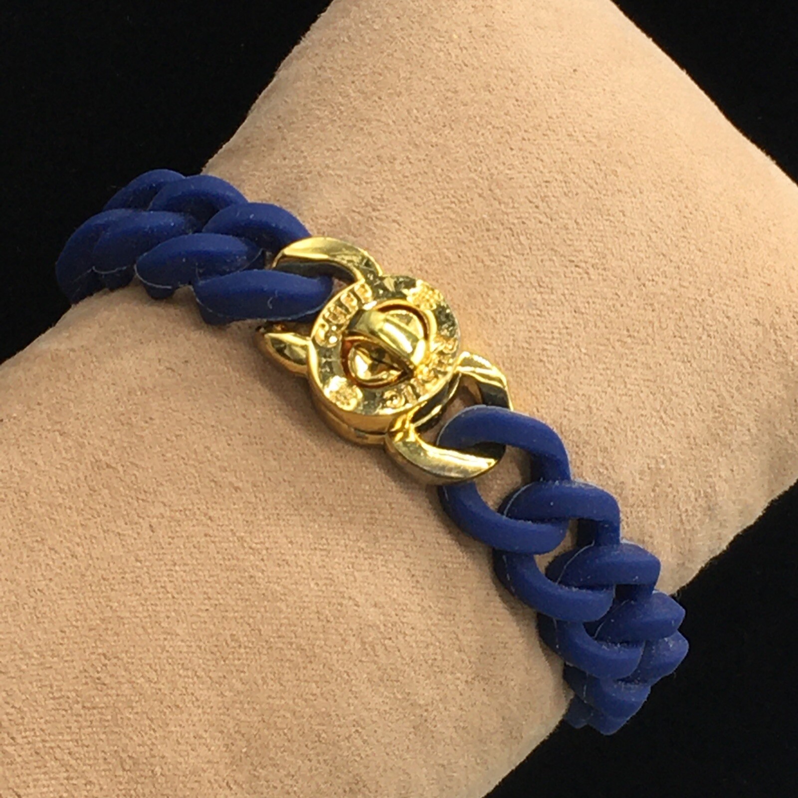 Rustic Cuff Gold Tone Turn Lock Navy Blue Silicone Stretch Mock Chain Bracelet