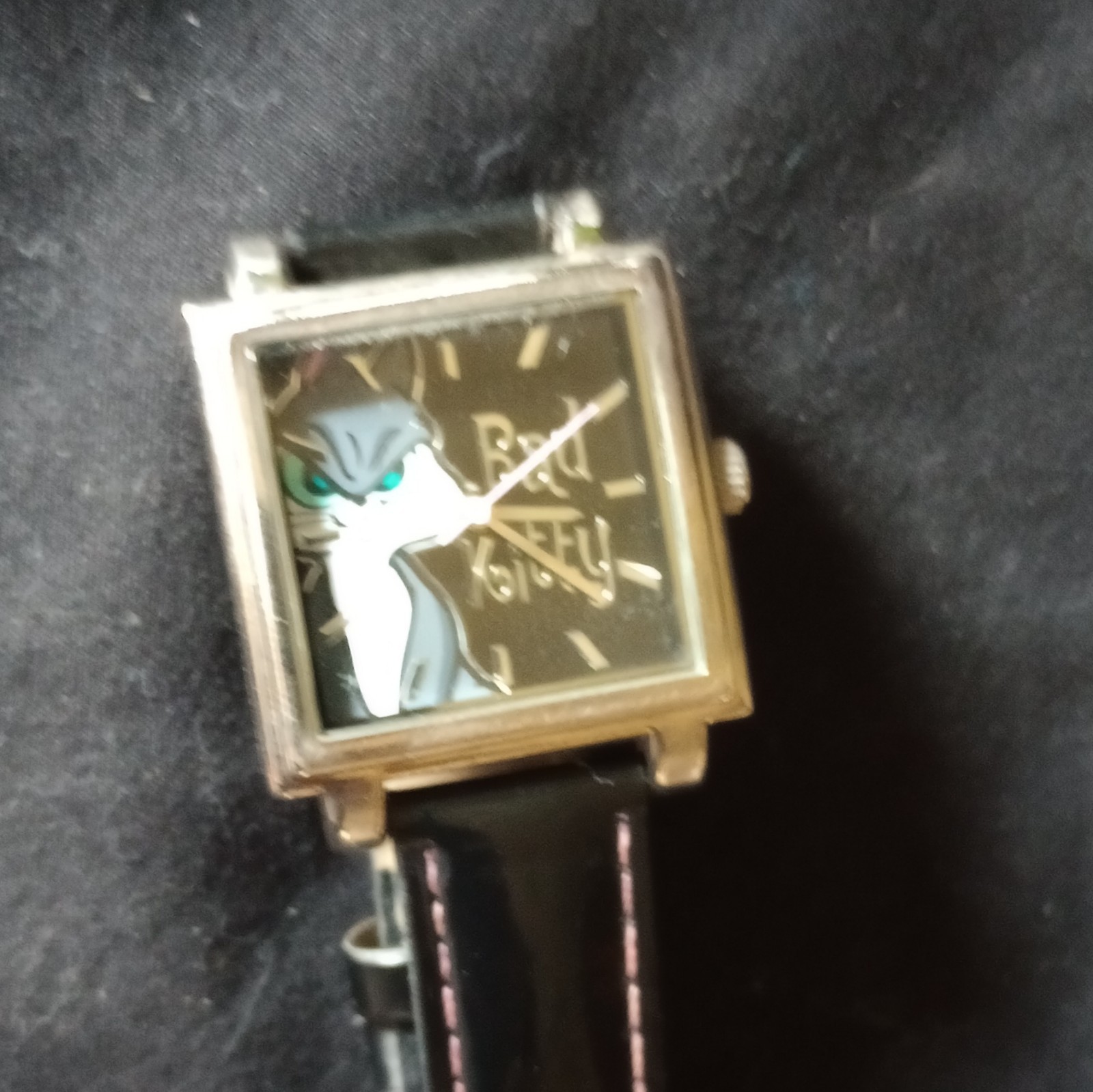 Warner Bros. Bad Kitty Analog Quartz Square Wristwatch Black Leather Strap