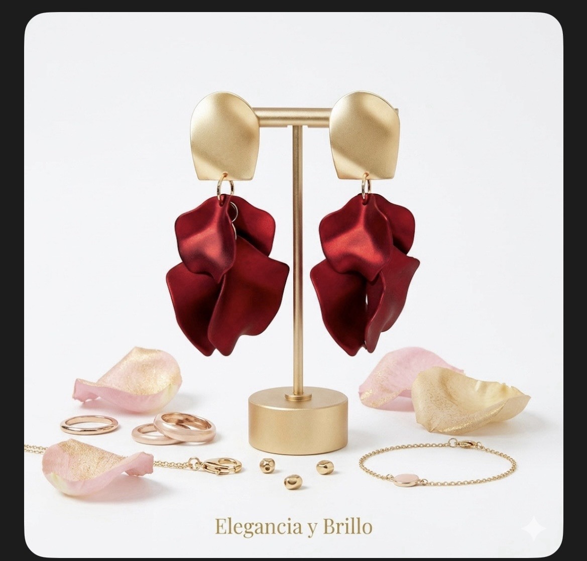 Gold Tone Red Flower Dangle/Drop Earrings Metal No Stone 7.8cm x 3.6cm
