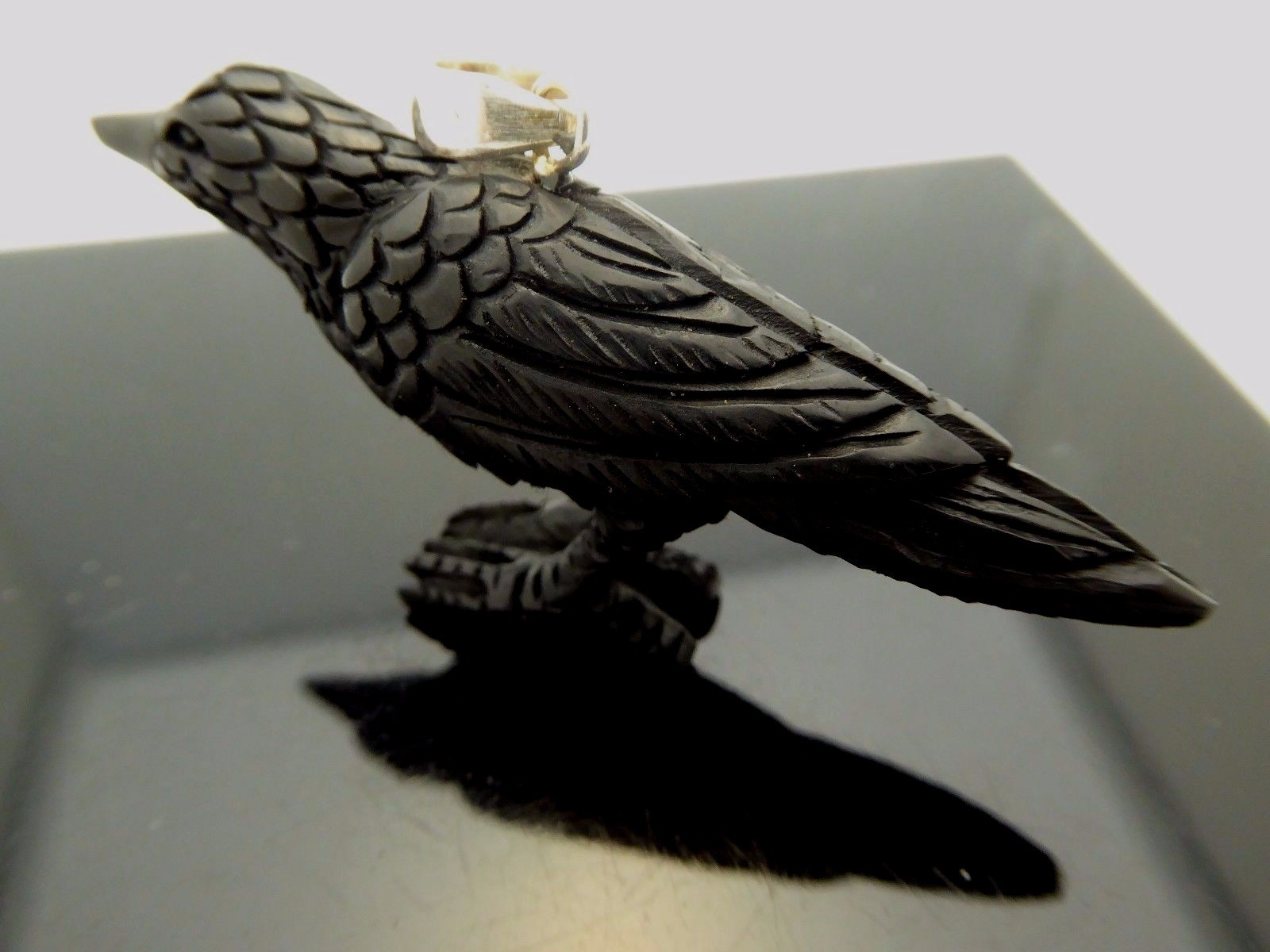 Black Crow Water Buffalo Horn Sterling Silver 3D Bird Pendant Talisman Necklace