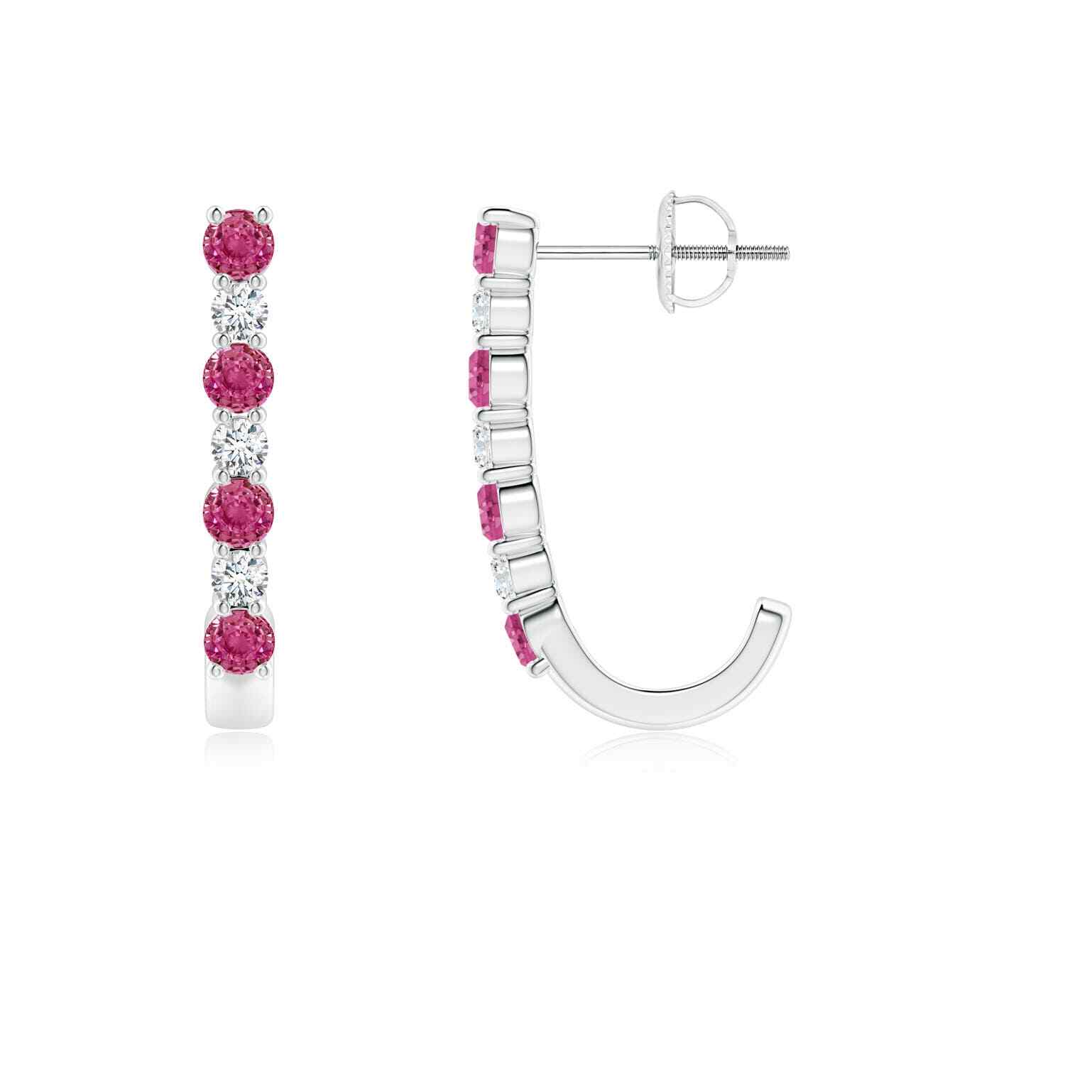 ANGARA 0.89 Ct Pink Sapphire and Diamond J-Hoop Earrings in 14K Solid Gold