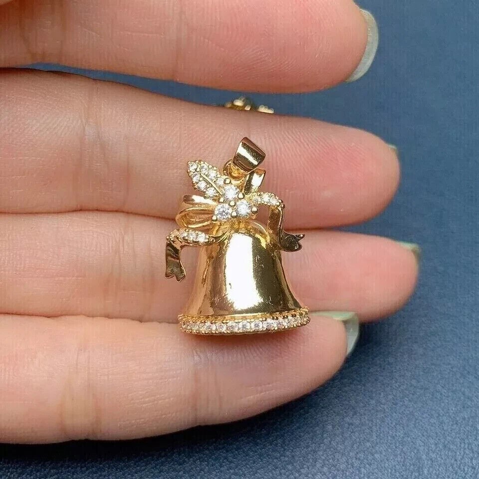 Round Simulated Diamond Christmas Bell Stunning Pendant 14K Yellow Gold Plated