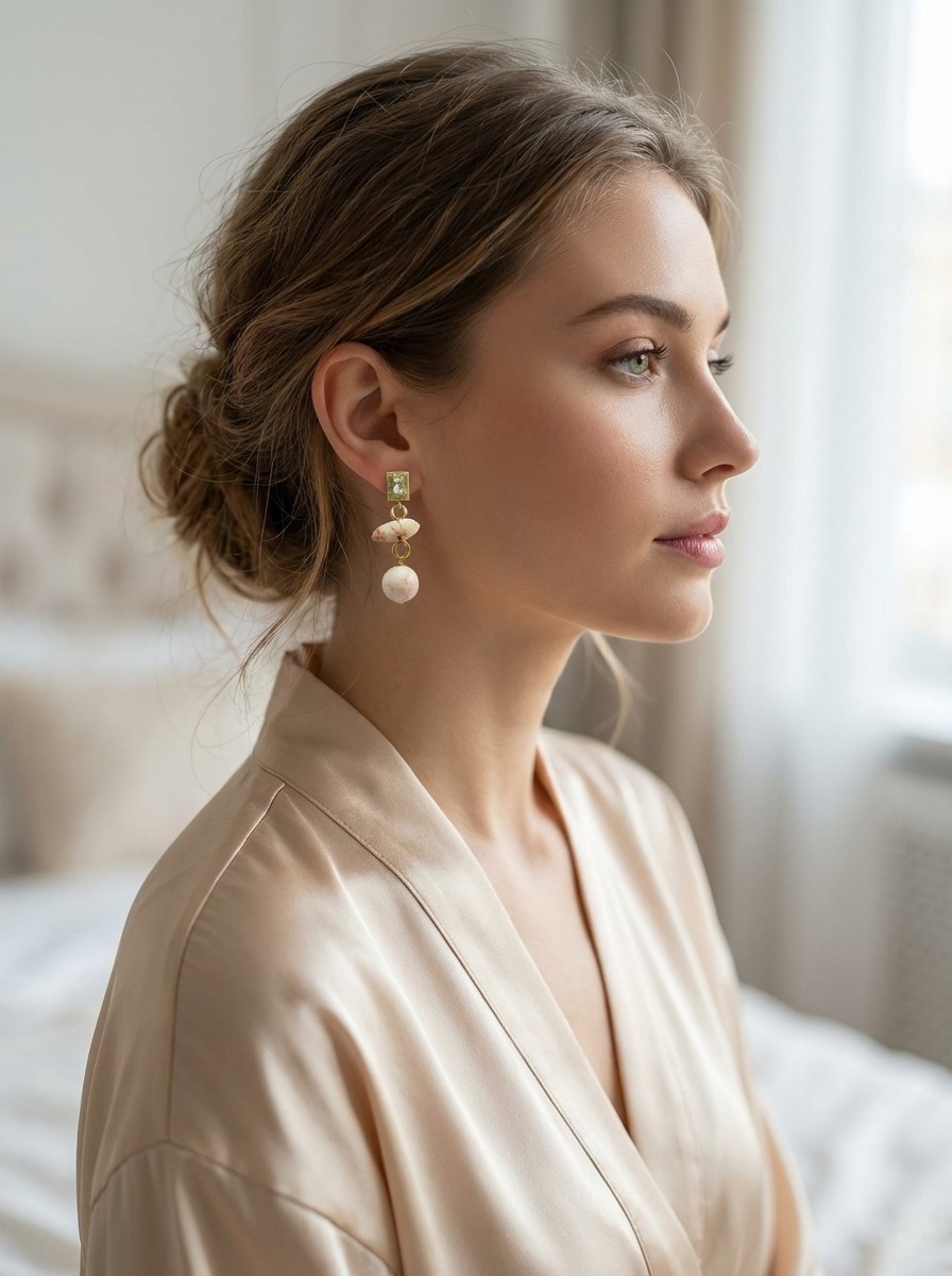 Pink Coral, Quartz and Crystal Pendant Earrings
