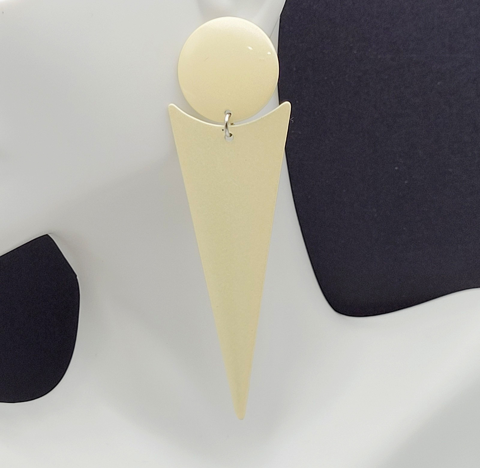 Minimalist Geometric Long Drop Dangle Metal and Cream Enamel Vtg 1980s Earrings