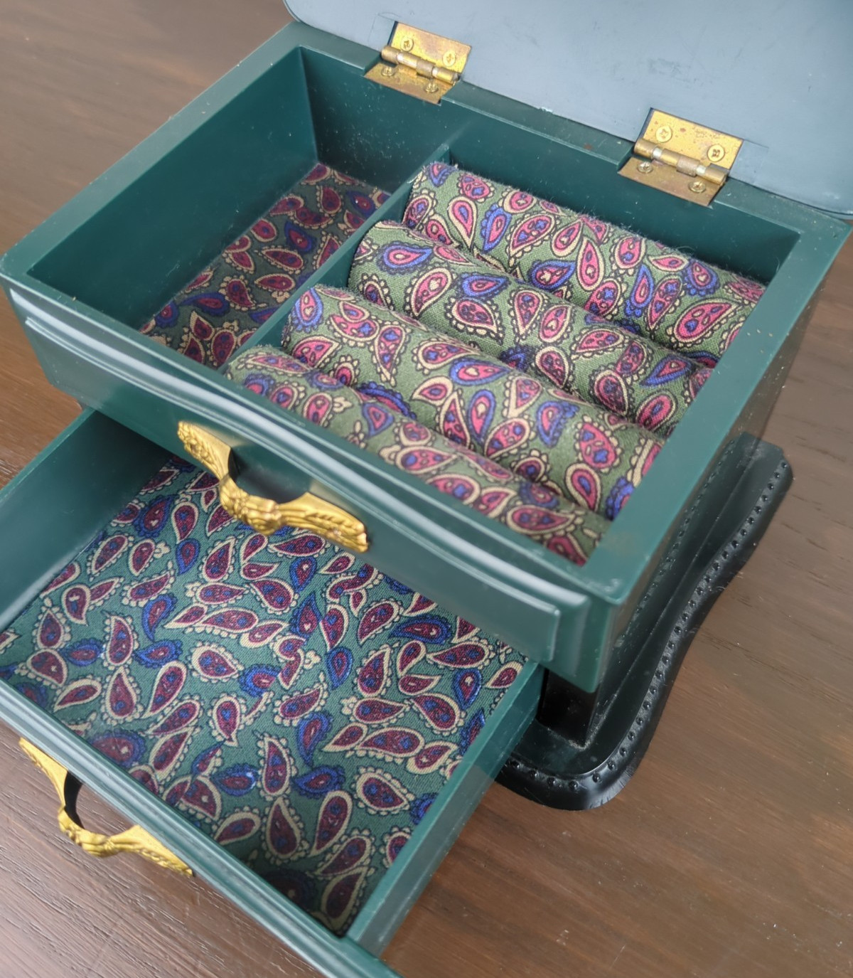Plastic Table Top Dresser Drawer Jewelry Box Dark Green Gold Florals Paisley Fab