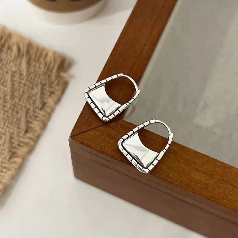 925 Sterling Silver Vintage Square handbag Earrings Geometric Huggie Hoops 394