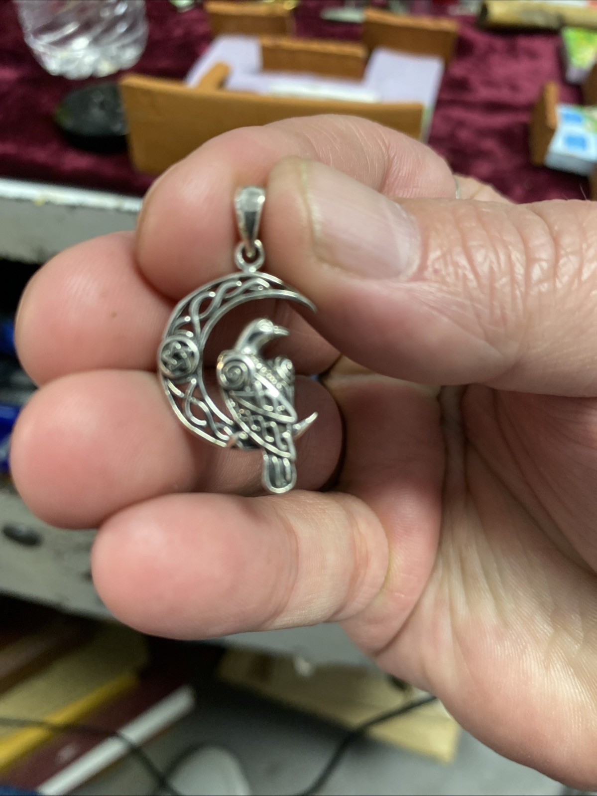 925 Sterling Silver Crescent Moon Raven Pendant