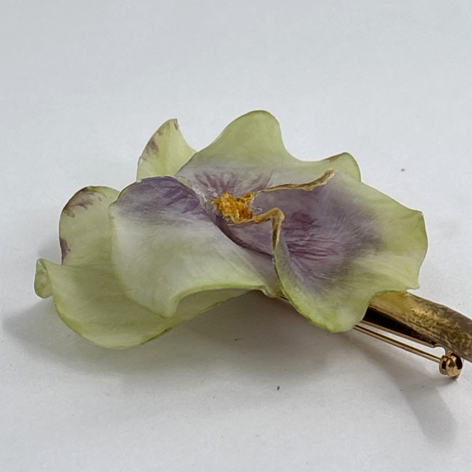Vtg Fabrice Paris Brooch Translucent Pansy Flower Lucite Resin Gold Tone Stem