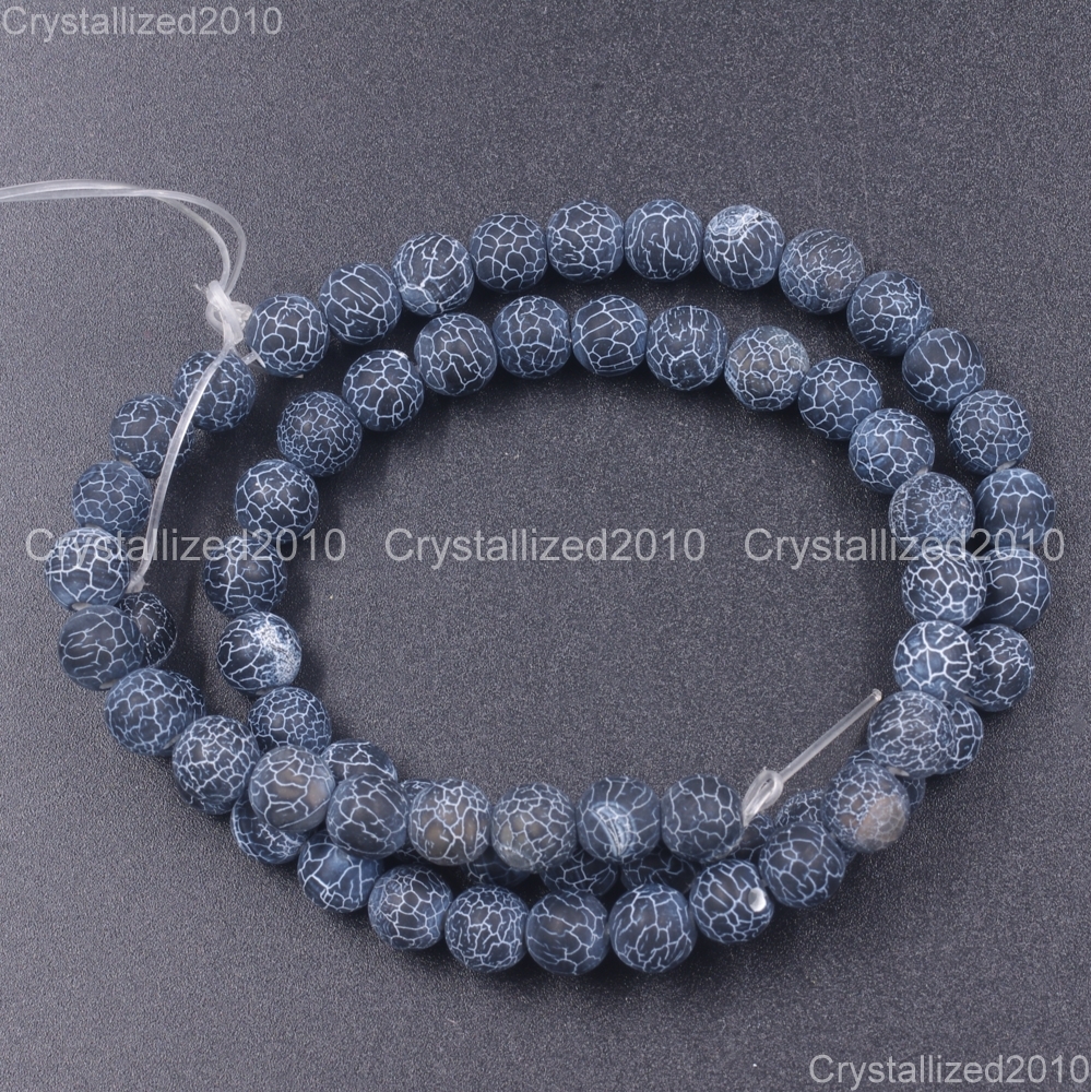 Matte Frosted Black Fire Crackle Agate Gemstones Round Beads 6mm 8mm 10mm 15″
