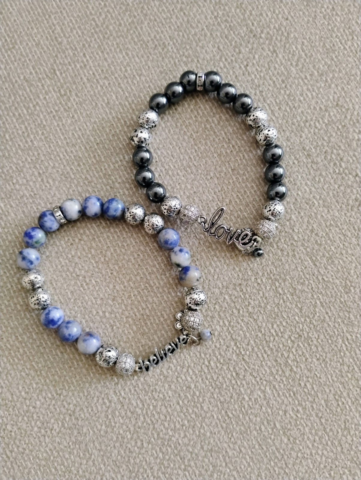 Set of 2 Semi Precious & Lava Beads Bracelet With Charm and Inspiration words.