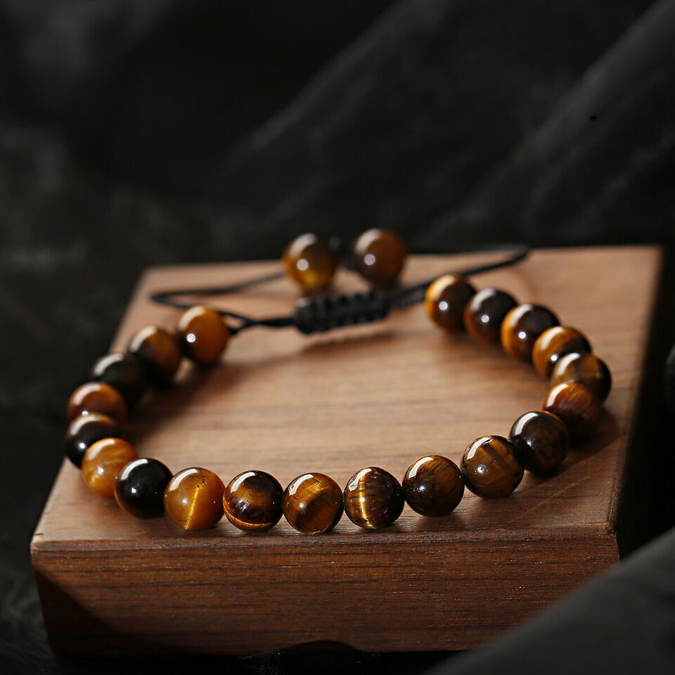8MM Natural Tiger Eye Stone Braided Beaded Bracelet Men Party Fashion Jewelry