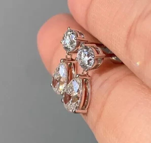 RARE 8.60 Ct Certified Pear & Round Cut Natural Diamond Studs White Gold Finish