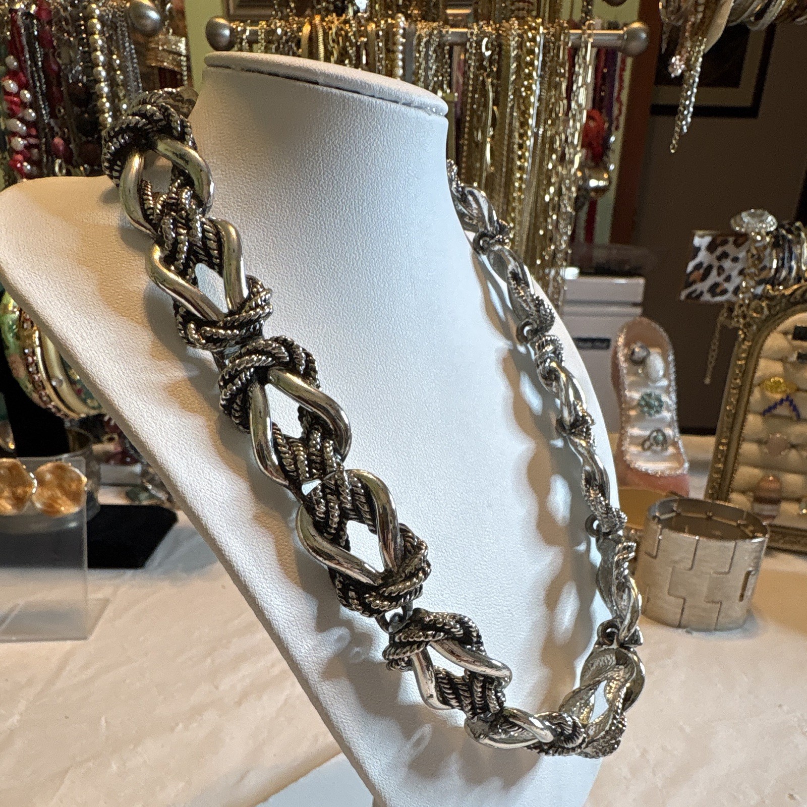 DKNY Silver-Tone Chunky Link Chain Statement Necklace Toggle Round Charm Signed